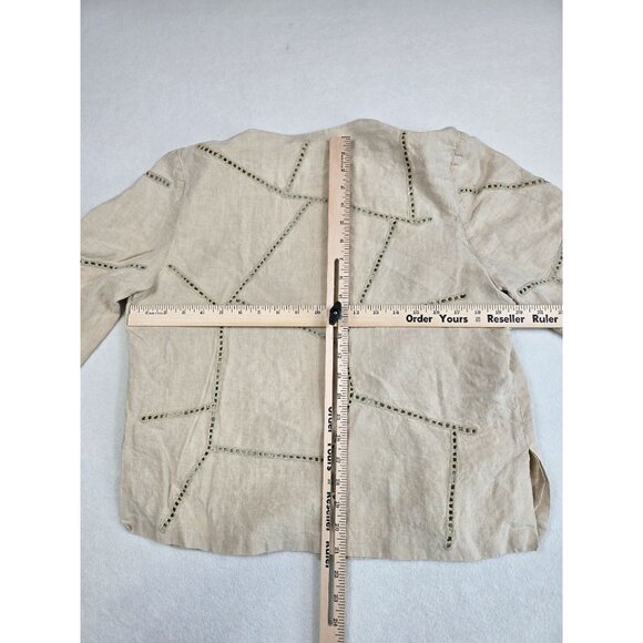 Embroidered Beige Linen Open Front Cardigan Jacket Geometric Cut-Out Detail M - Picture 6 of 6